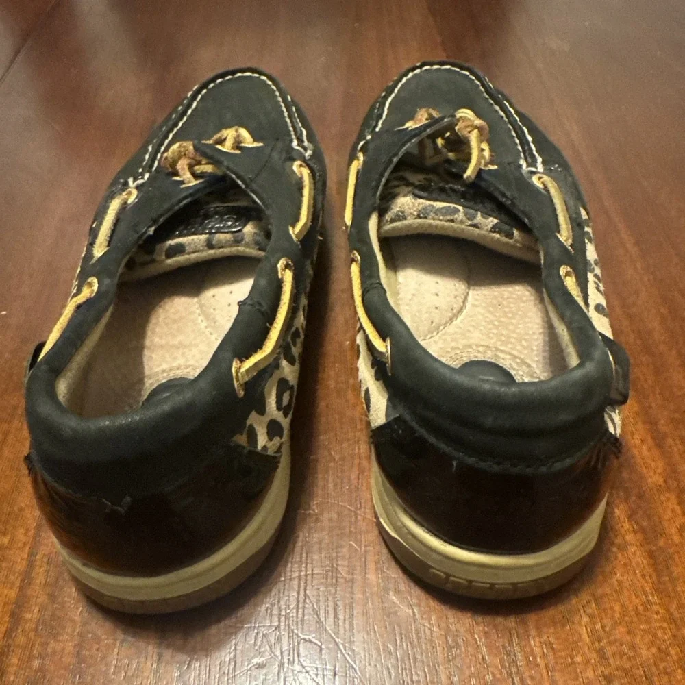 Sperry Top-Sider Men's 9.5M Boat Shoes‎ Leather Black Leopard Print Deck Loafers